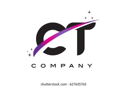 CT C T Black Letter Logo Design with Purple Magenta Swoosh and Stars.