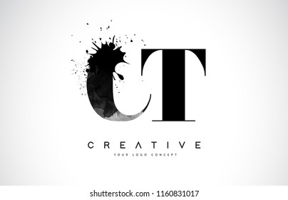 CT C T Letter Logo Design with Black Ink Watercolor Splash Spill Vector Illustration.