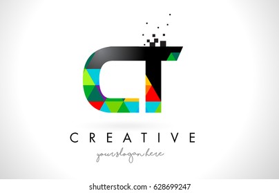 CT C T Letter Logo with Colorful Vivid Triangles Texture Design Vector Illustration.