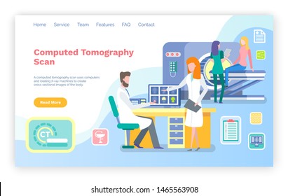 CT Computertomographie Vektorillustration, Klinik mit neuen Geräten zur Diagnose von Krankheit und Krankheiten. Krankenhaus mit Arzt und Krankenschwester, die eine Behandlung durchführen. Website- oder Webseitenvorlage, Landing-Page-Stil