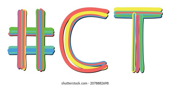 CT Hashtag. Multicolored bright isolate curves doodle letters. Hashtag #CT is abbreviation for the USA state Connecticut for social network, web resources, mobile apps.