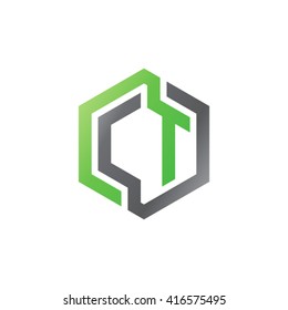 CT initial letters loop linked hexagon logo black gray green