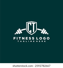 CT initial monogram for fitnes or gym logo with creative shield and barbell design