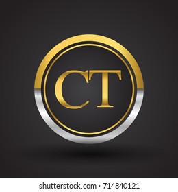 CT Letter logo in a circle, gold and silver colored. Vector design template elements for your business or company identity.