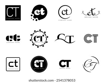 CT logo company template. Letter c and t logotype. Set different classic serif lettering and modern bold text with design elements. Initial font typography. Collection trendy business identity.