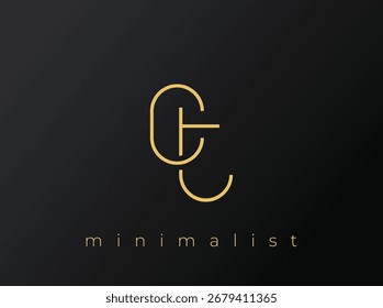 Logotipo minimalista CT com formas entrelaçadas no fundo preto sólido. Um design de logotipo minimalista limpo e moderno.