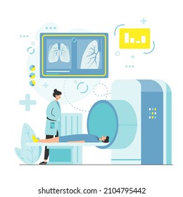 CT Scan Of Chest, Flat Vector Illustration. X-ray Computed Tomography Test Of Patient Lungs. Pulmonology Diagnostics.