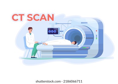 CT scan. Computed tomography scan. Doctor is carrying out CT scanning. Patient is laying on the ct device. Clinic. Medical equipment. MRI.