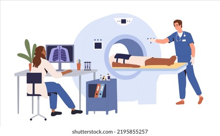 CT scan. Computed tomography scan. Doctor is carrying out CT scanning of lungs. Patient is laying on the ct device. Clinic. Medical equipment. MRI. Flat vector illustration.