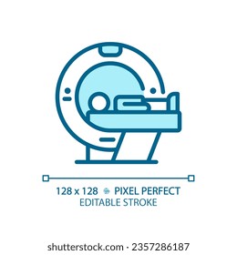Ct scan pixel perfect light blue icon. Medical imaging. Radiology doctor. Healthcare service. RGB color sign. Simple design. Web symbol. Contour line. Flat illustration. Isolated object