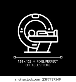 Ct scan pixel perfect white linear icon for dark theme. Medical imaging. Radiology doctor. Healthcare service. Health screening. Thin line illustration. Isolated symbol for night mode. Editable stroke