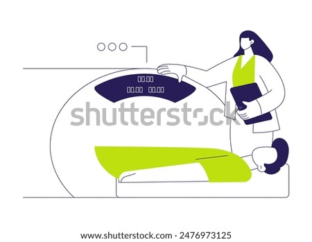 CT scan procedure abstract concept vector illustration. Patient undergoing computed tomography in hospital, CT scan, diagnostic radiology, medical examination, healthcare idea abstract metaphor.