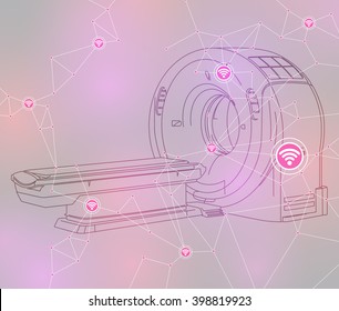 CT scanner (computerized tomography scanner), MRI (magnetic resonance imaging) machine, wireless communication, sensor and network, Internet of things, abstract image, editable vector illustration