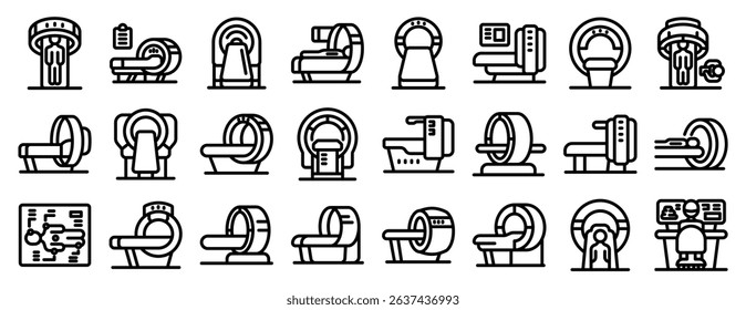 CT scanner icons set. Different mri scanners performing magnetic resonance imaging, used in healthcare for diagnosing medical conditions