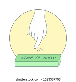 CTA, call to action button and human hand is ready to click on it. Inbound or permission marketing, lead conversion concept. Flat light outline vector illustration on white.