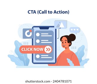 CTA Call to Action concept. Enthusiastic marketer prompts action with a bold Click Now button. Engaging users, driving conversions, immediate online response, urging participation. vector illustration