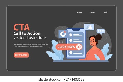 CTA Call to Action concept. Enthusiastic marketer prompts action with a bold Click Now button. Engaging users, driving conversions, immediate online response, urging participation. vector illustration