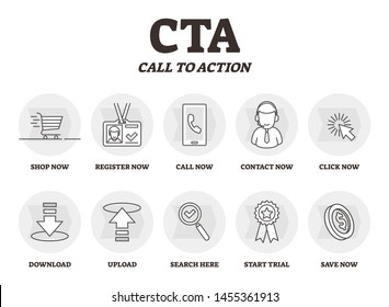 CTA or Call to action vector illustration. Marketing advertising strategy. BW outlined symbolic phrases types. Provoke method to force customer for imperative immediate click, register, shop or call.