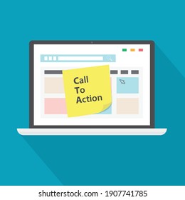 CTA Call To Action escrito en una nota adhesiva en la pantalla del portátil - ilustración vectorial