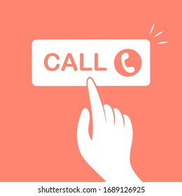 CTA To Call, Hand Pushing The Red Call Button. Flat Vector Illustration On White.