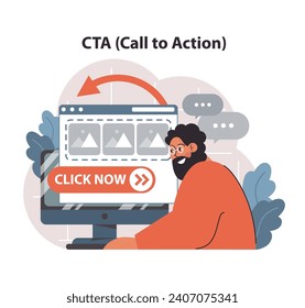 CTA enhancement concept. Enthusiastic developer points to a vibrant CLICK NOW button on screen, showcasing website's effective call to action. Engage visitors, boost clicks. Flat vector illustration