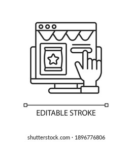 CTA marketing linear icon. Call to action. Marketing term for any device designed to prompt. Thin line customizable illustration. Contour symbol. Vector isolated outline drawing. Editable stroke