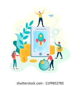 CTeamwork sales a lot of money earned concept. Vector illustration for web design, advertising posters, blogging.