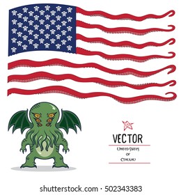 Cthulhu and the American flag. American flag of the tentacles and figurines of monsters a, vector illustration