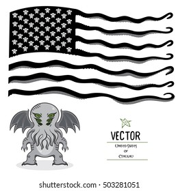 Cthulhu and the American flag. American flag of the tentacles and figurines of monsters Cthulhu, vector illustration