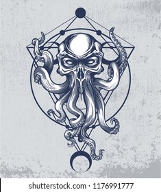 Cthulhu creature with skull head on grunge background and sacred geometry ornament. Vector illustration in engraving technique for posters, t-shirt prints, tattoo, labels and stickers.