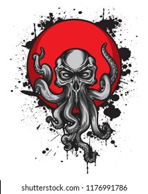 Cthulhu creature with skull head on red circle label with black ink splashes. Vector illustration in engraving technique for posters, t-shirt prints, tattoo, labels and stickers.