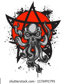 Cthulhu creature with skull head on red circle label with black ink splashes and star sign. Vector illustration in engraving technique for posters, t-shirt prints, tattoo, labels and stickers.