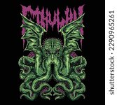 Cthulhu in green with purplish-pink tentacles and spikes on his head, his wings have many lacerations. A human-like monster, octopus head, long thin wings on its back.