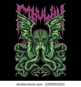 Cthulhu in green with purplish-pink tentacles and spikes on his head, his wings have many lacerations. A human-like monster, octopus head, long thin wings on its back.