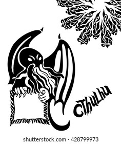 Cthulhu. Vector horror object. Tattoo stencil. An original octopus monster illustration concept design in a vintage style. Hand drawn sea creature.