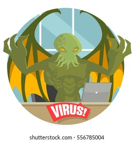 cthulthu octopus winged evil god villain monster virus using a computer