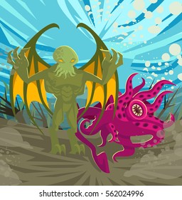 cthulthu underwater octopus winged evil god villain monster with evil tentacles monster 