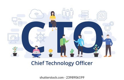 CTO - Chief Technology Officer concept with big word text acronym and team people in modern flat style vector illustration