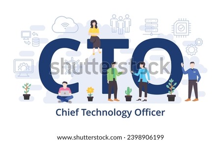 CTO - Chief Technology Officer concept with big word text acronym and team people in modern flat style vector illustration