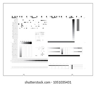 CTP plate black separation chart cmyk color. Offset print test in cmyk color model. Vector set process calibration, printing, registration, control marks and strips. Color bar and tone gradient bar. 