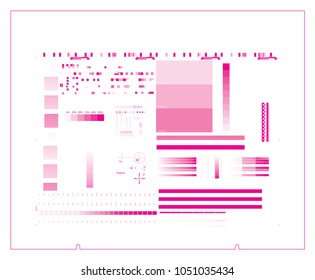 CTP plate magenta separation chart cmyk color. Offset print test in cmyk color model. Vector set process calibration, printing, registration, control marks and strips. Color bar and tone gradient bar.