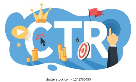 CTR acronym for click through rate. Internet campaign and marketing strategy. Advertising with banner on web page. Flat vector illustration