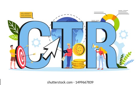CTR acronym for click through rate. Internet campaign and marketing strategy. Advertising with banner on web page. Flat illustration