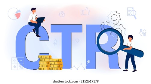 CTR Click through rate acronym Internet campaign Marketing strategy Website traffic Presentation Conversion rate SMM metrics tools Vector illustration Number time clicks Online advertising analysis