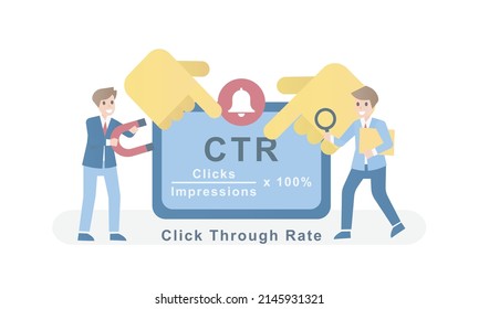 CTR - Click Through Rate acronym,Number time of clicks and Online advertising analysis,Website customer visitor engagement effect calculation,Internet digital marketing strategy,Vector illustration.