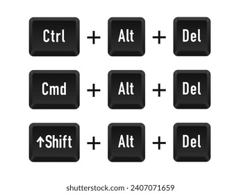 Ctrl alt del shortcut keys. Keyboard keys. Shift alt del. Computer button. Computer keyboard button set. Vector illustration