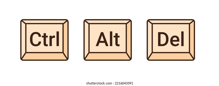 Ctrl Alt Delete keyboard keys isolated on white. Outline flat design. Vector stock illustration.