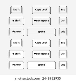 Ctrl, alt, esc, tab, spacebar, shift, enter, backspace, delete, caps lock keys on computer keyboard isolated icon. Keyboard buttons. Control, alternate, escape.