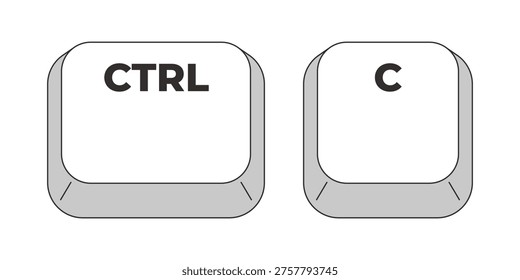 Ctrl C letter grayscale keyboard hotkey. Copy selected text and file to clipboard. Editing function. Minimal shortcut keys. Monochrome combination buttons for productivity. Vector illustration