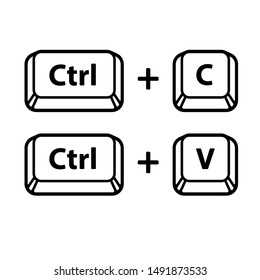 Ctrl C, Ctrl V keyboard buttons, copy and paste key shortcut. Black and white computer icons, vector illustration.